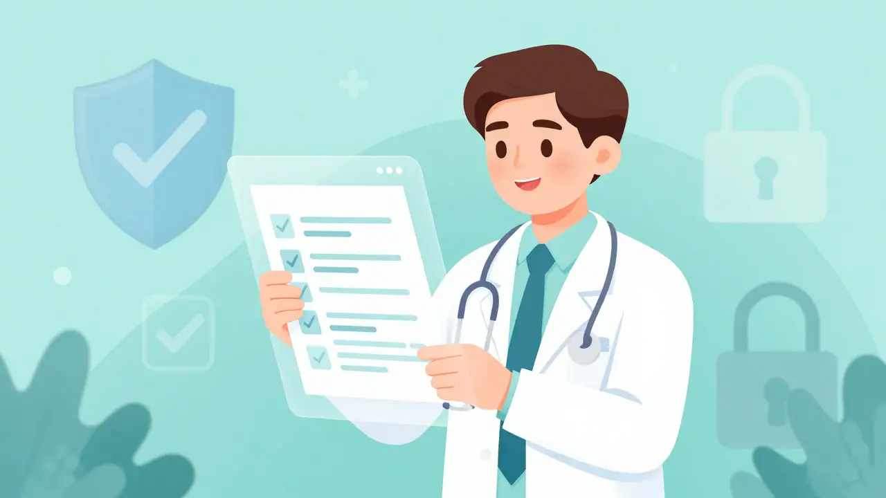 Stylized doctor reviewing digital health form with safety icons