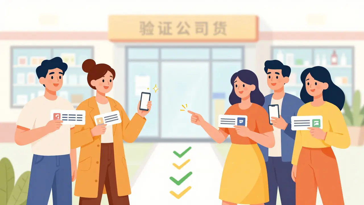 Cheerful characters using discount coupons for safe medication purchases