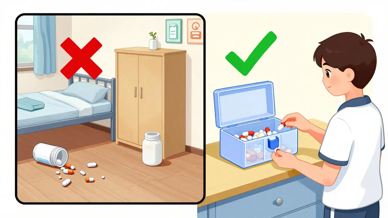 Comparison of unsafe pill storage versus secure lockbox usage.