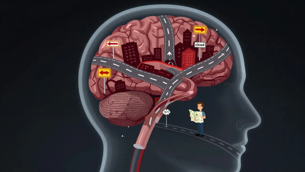Concept art of a brain with blocked roads symbolizing vascular dementia and cognitive decline.