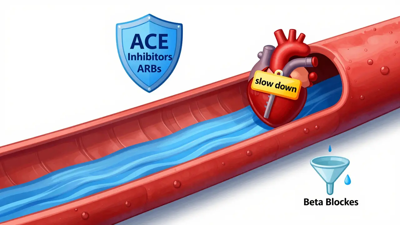 Concept art showing how different blood pressure medications relax vessels and slow the heart.
