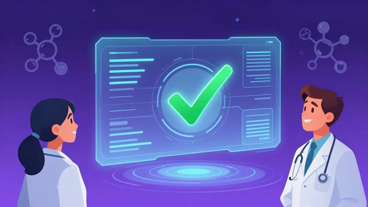 Futuristic concept art showing AI accelerating biosimilar approvals