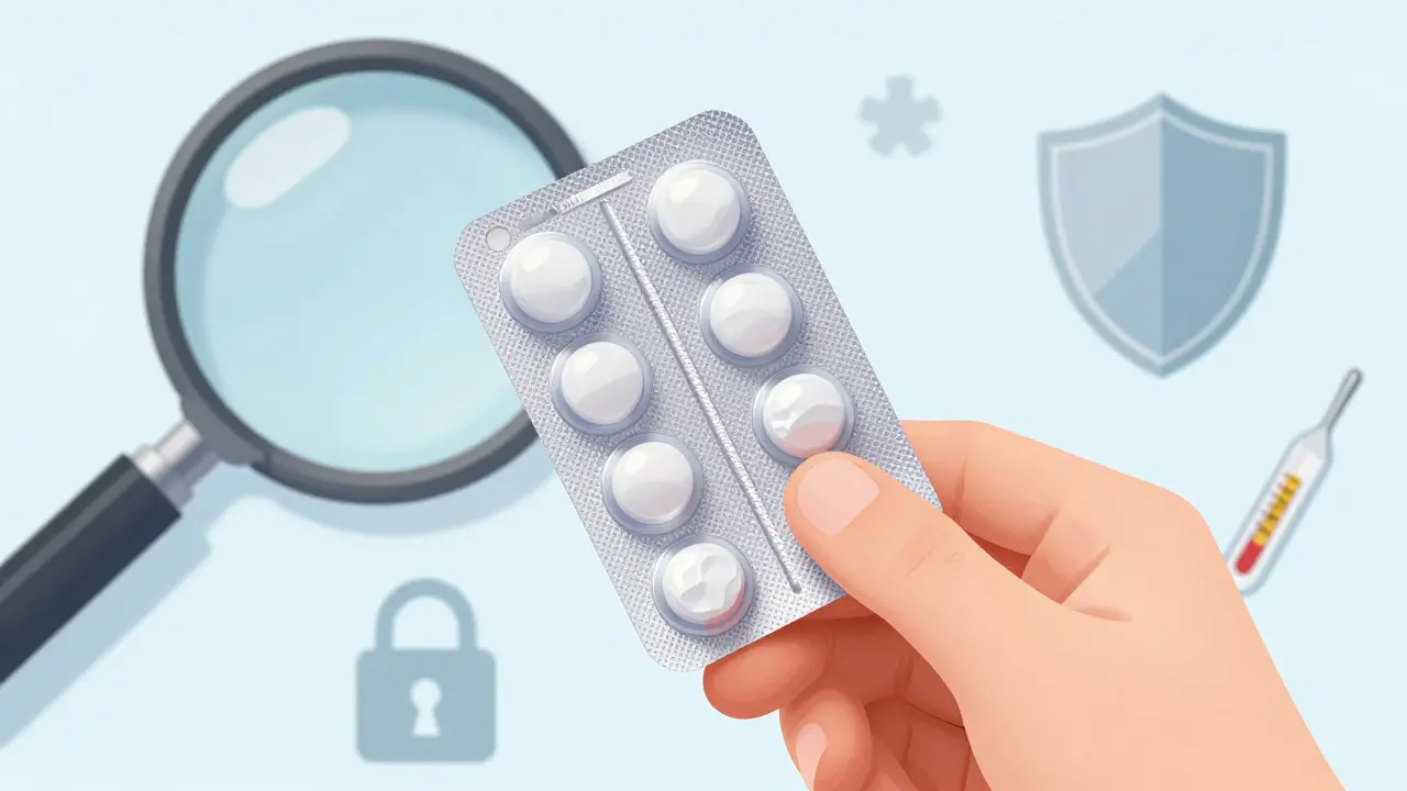 Hand inspecting sealed medication package for authenticity and safety