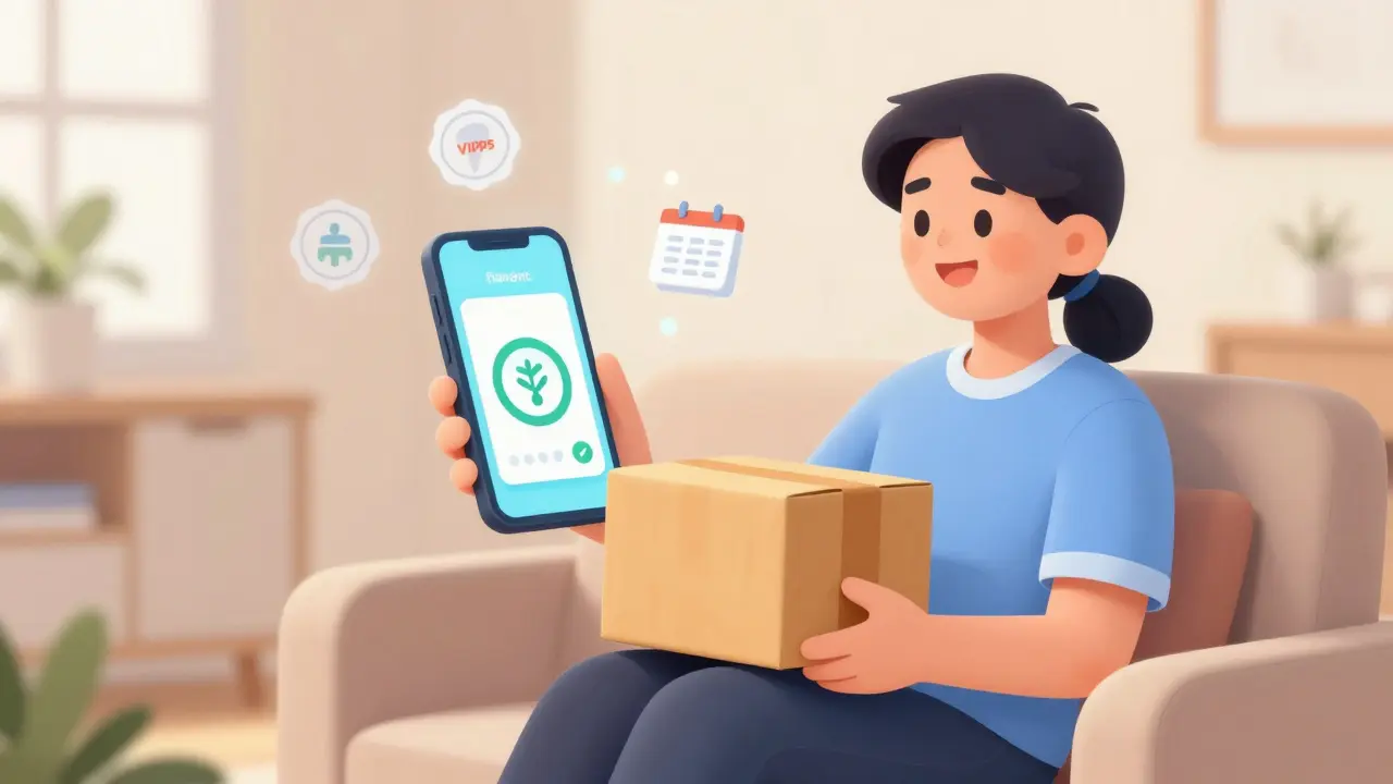 Happy person receiving medication delivery with automated refill alert
