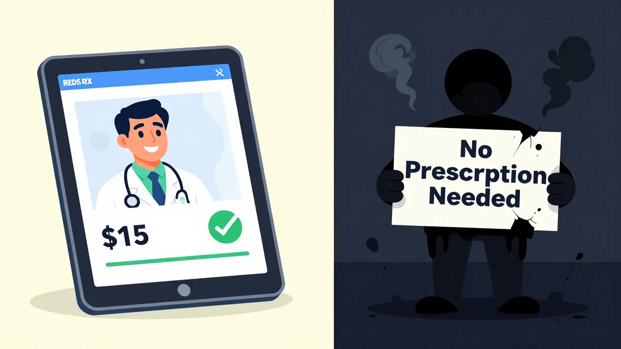 Illustration comparing safe telehealth app vs shady illegal pharmacy