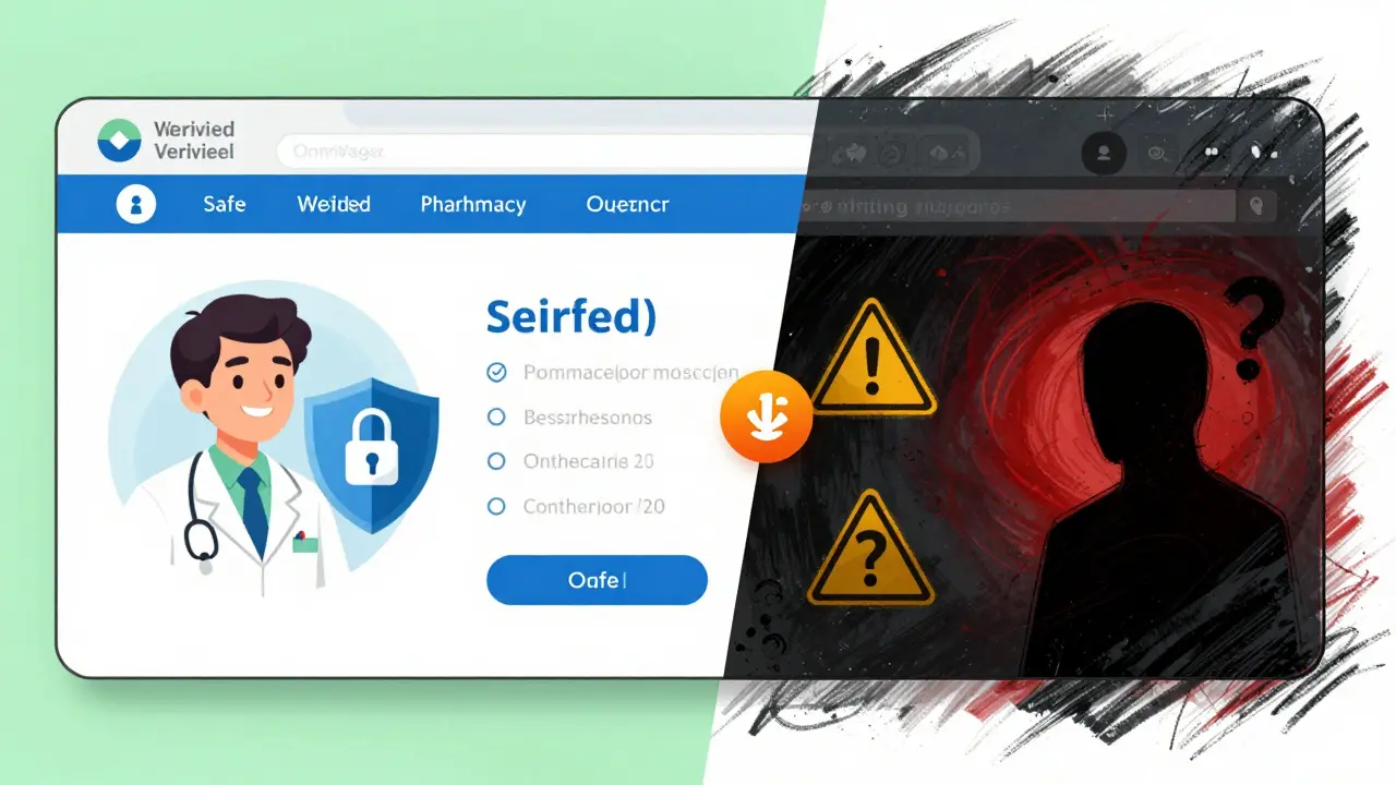 Illustration contrasting a secure online pharmacy with a suspicious scam site.