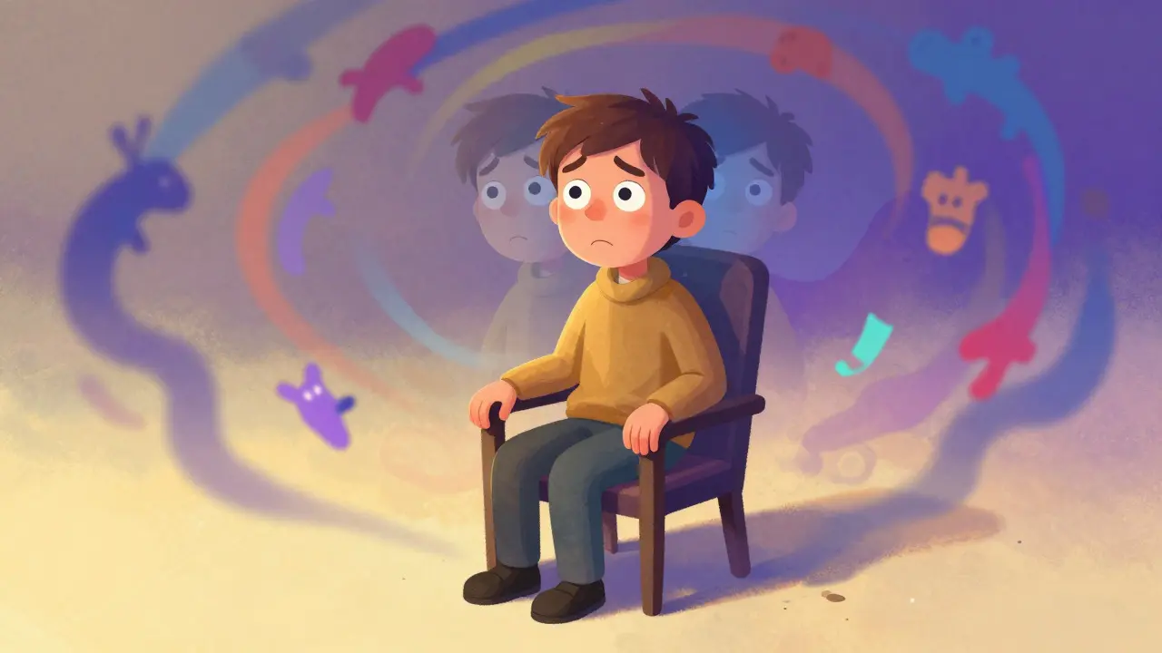Illustration of a person with shifting expressions and hallucinations representing Lewy body dementia.