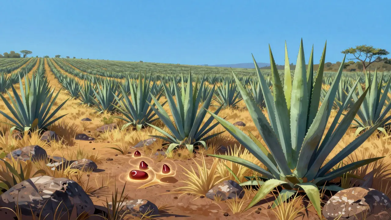 Illustration of organic agave plants growing in a sunny field