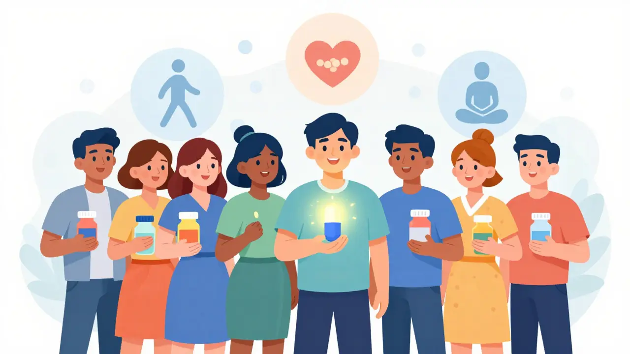 Illustration of patients taking medication with healthy lifestyle icons in the background.
