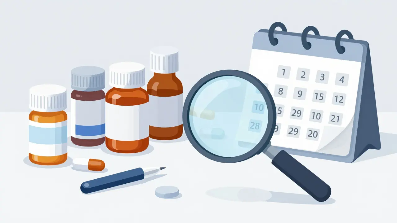 Medication bottles and calendar under magnifying glass