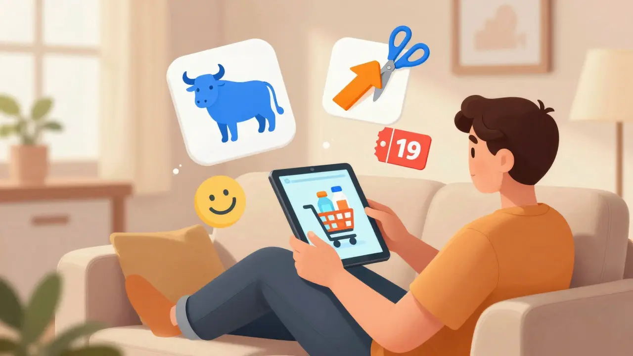 Person shopping for cheap generic medicine online using coupons and retailer apps