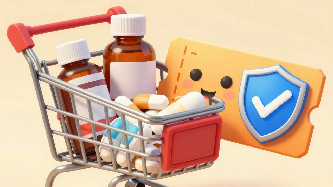 Shopping cart with generic pain relievers and safety coupons