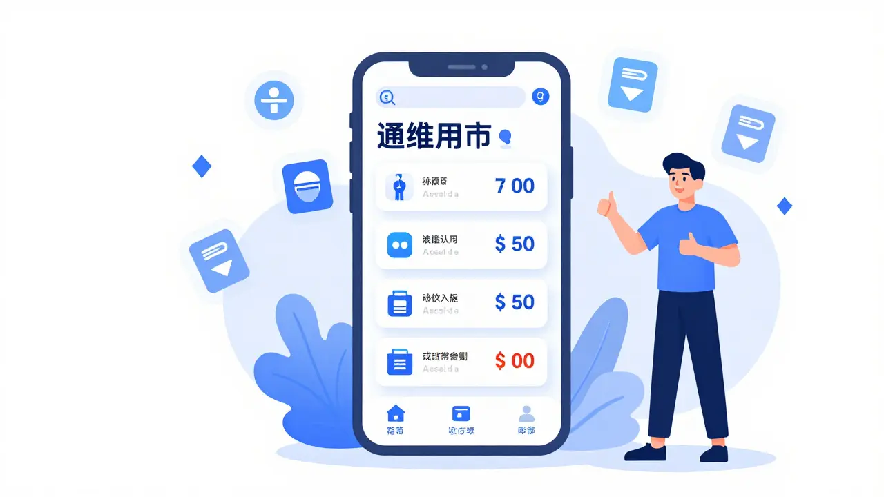 Smartphone showing drug price comparison app with floating coupon icons.
