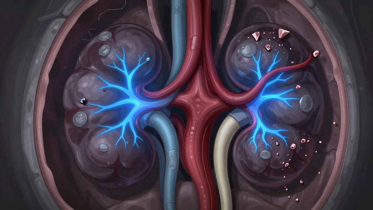 Stylized illustration of kidney nephrons with constricted blood vessels and tissue damage.
