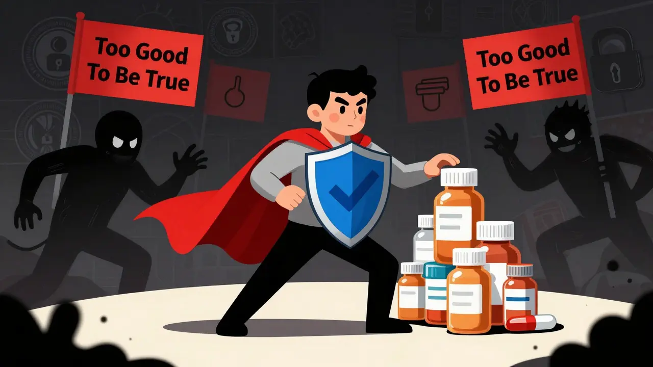 Superhero consumer protecting against fake drugs and unsafe online pharmacies