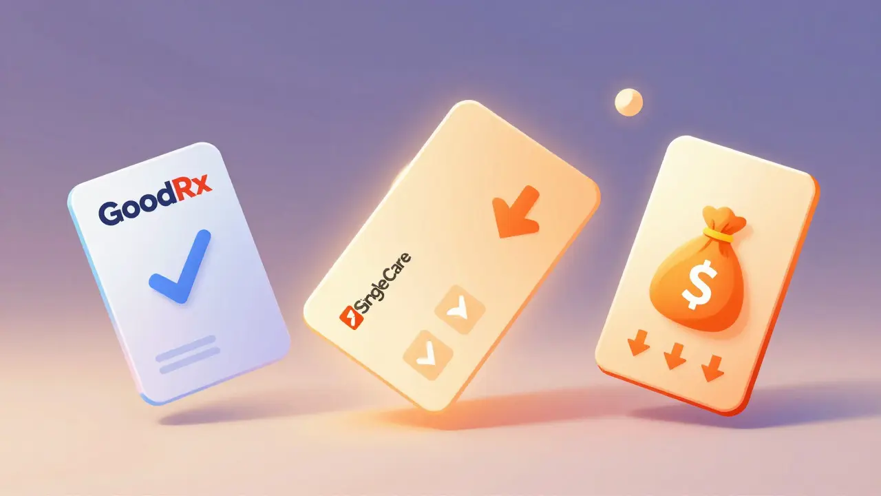 Concept art showing digital coupon cards saving money on medication