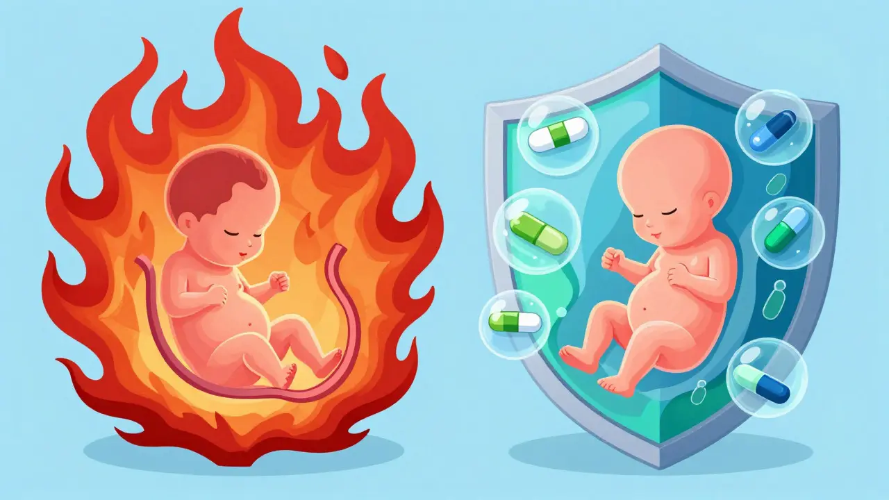 Conceptual art showing meds protecting fetus from inflammation