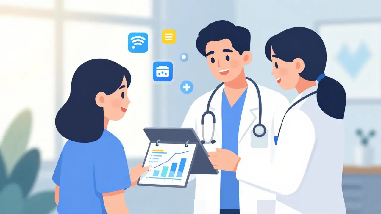 Doctor and patient discuss health data with smiles and open body language.