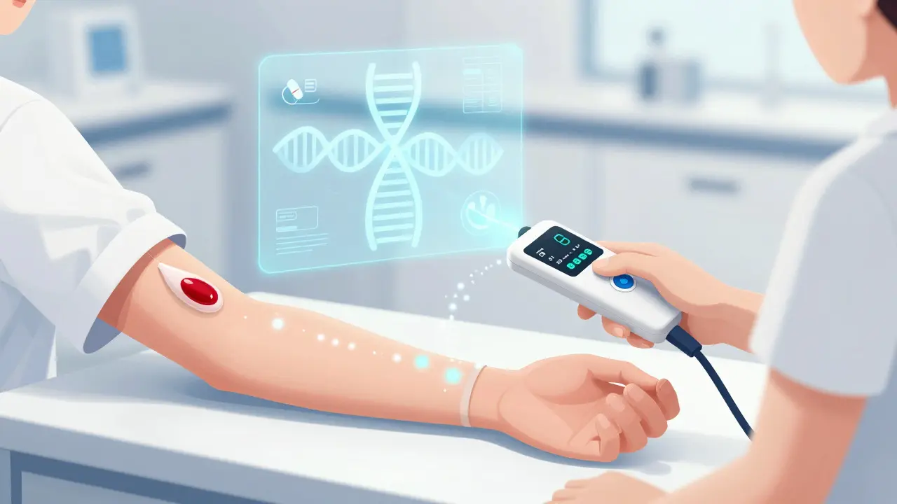 Futuristic concept art of a patient using a real-time drug monitoring device