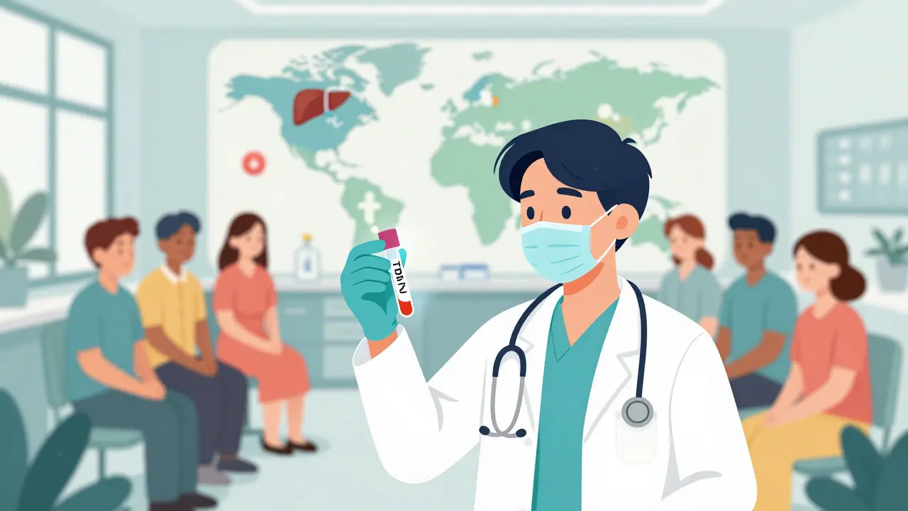 Healthcare worker analyzing blood sample in a clinic while supporting diverse patients