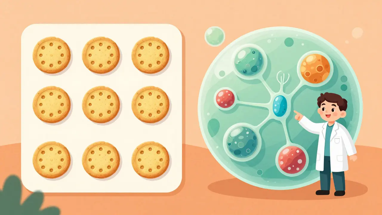 Illustration comparing simple generic cookies to complex biological processes.
