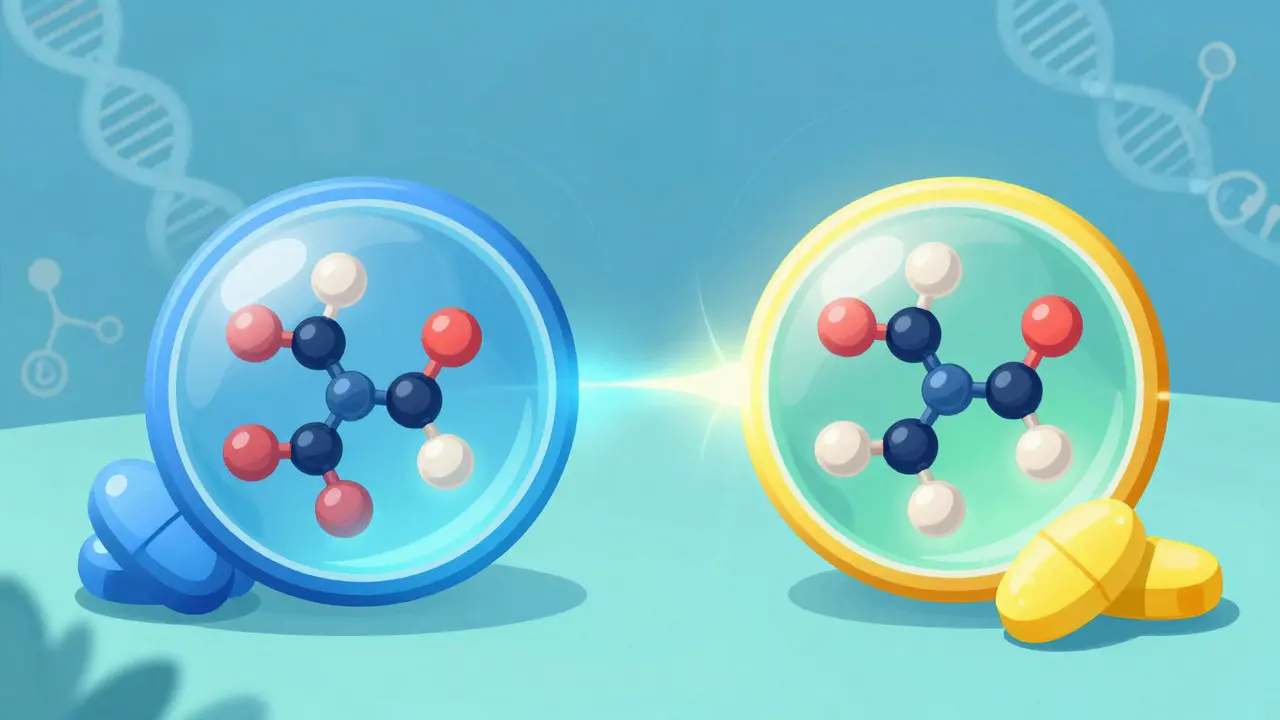 Illustration showing identical molecular structures inside different colored pills