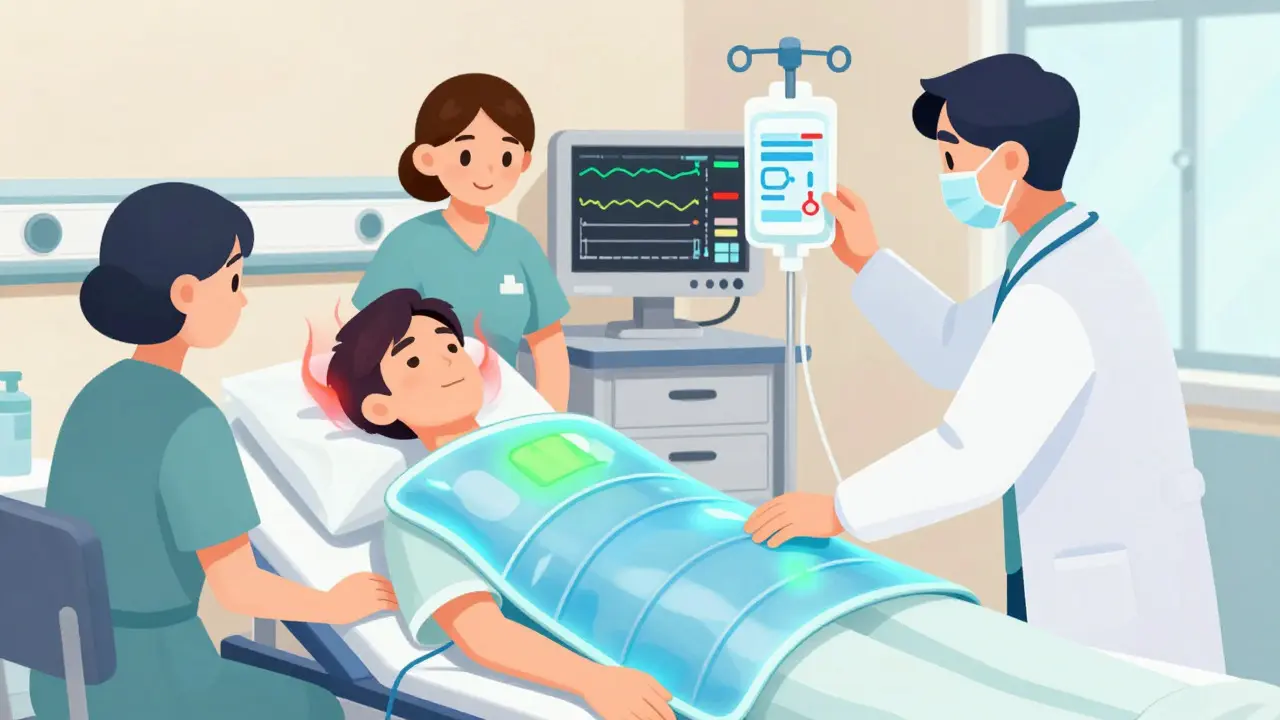 Medical team treating a patient with cooling blankets and IV medication in a cartoon style