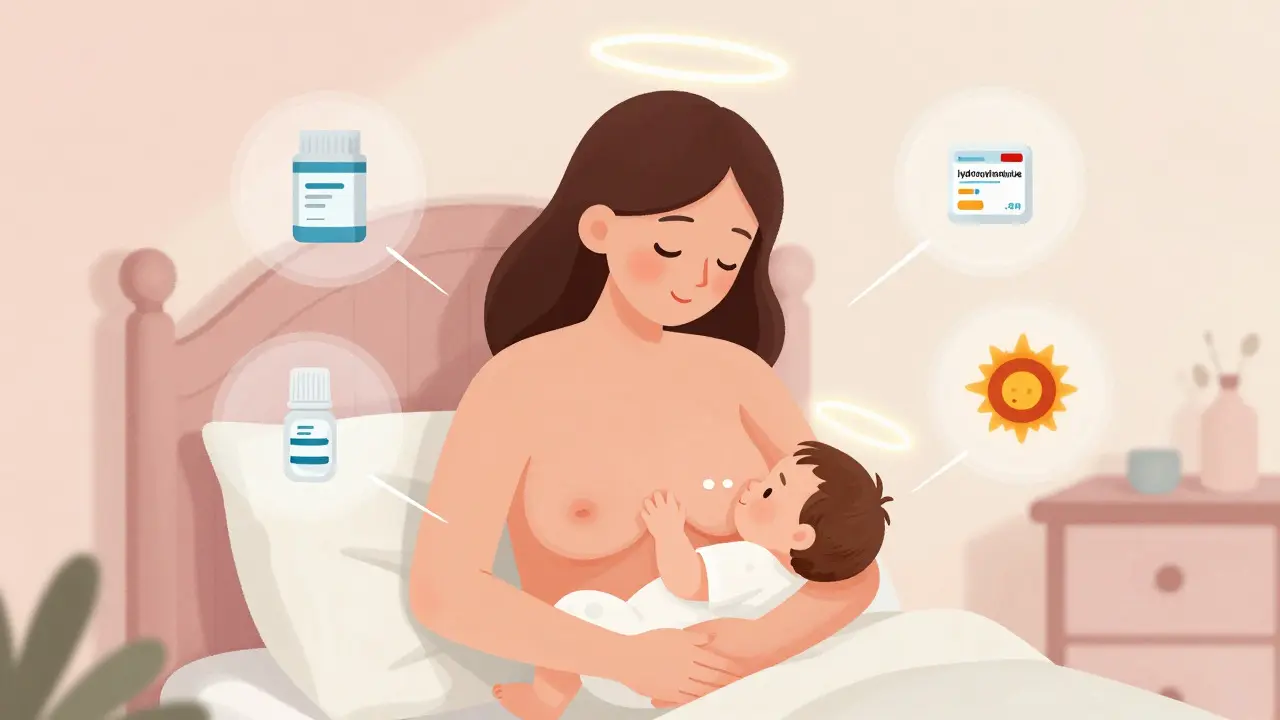 Mother breastfeeding with symbolic safe medication aura