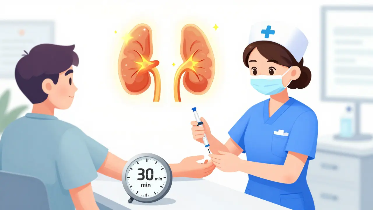 Nurse administering ACTH test with glowing adrenal glands indicating recovery