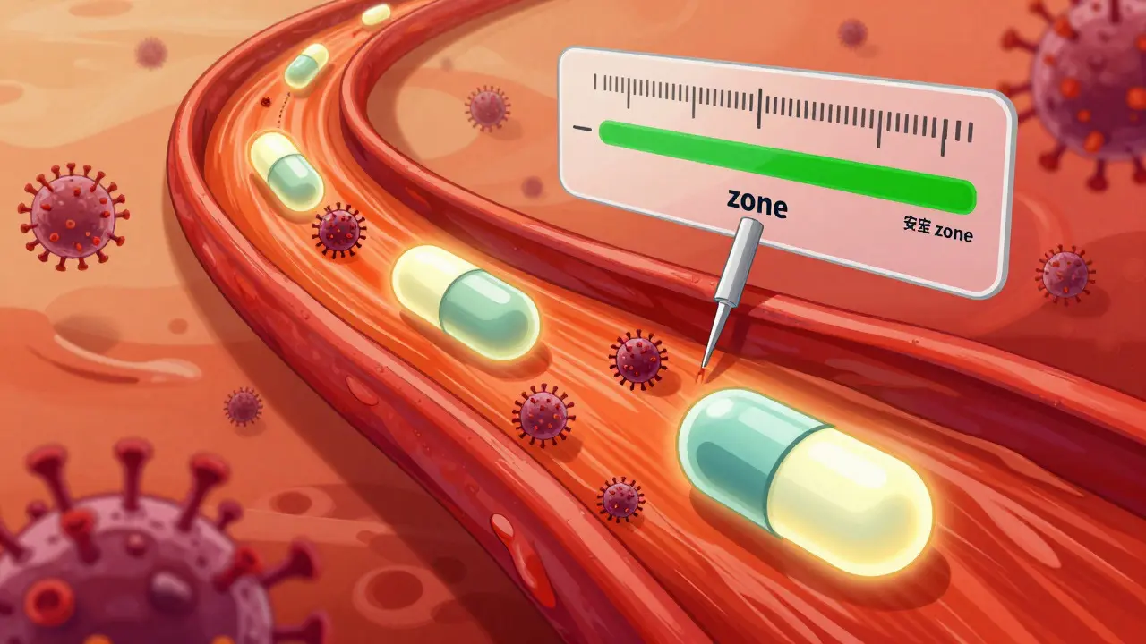 Stylized bloodstream showing drug molecules balancing virus levels within a safe range