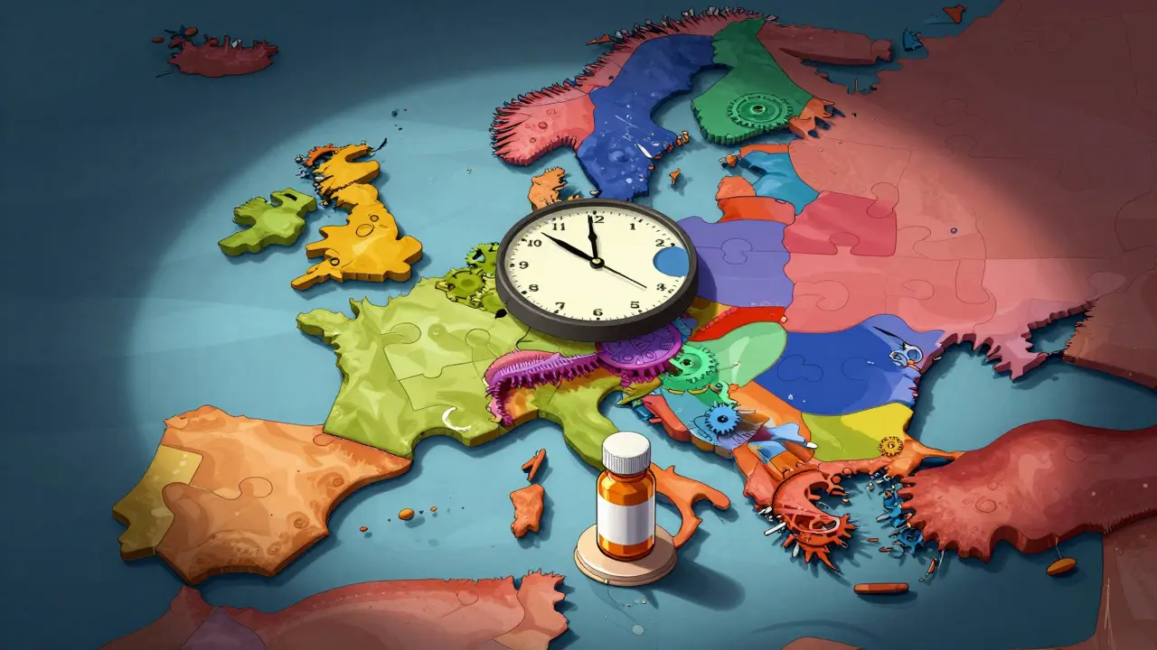 Stylized EU map with mismatched puzzle pieces and a slow clock