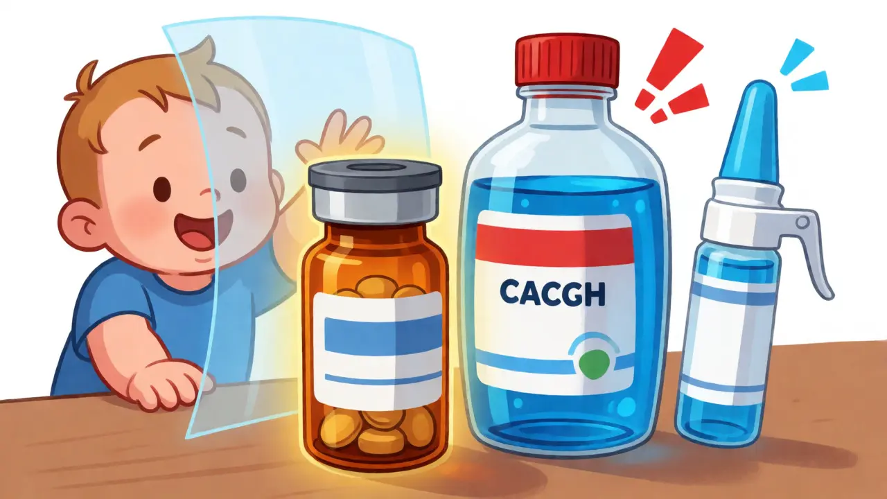 Comparison of stable pill bottles versus leaking liquid medication containers.
