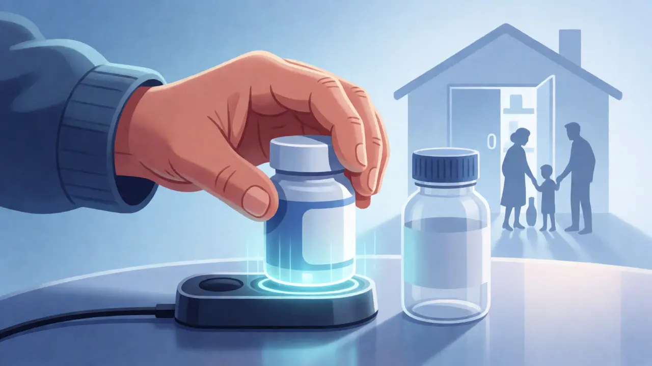 Elderly user interacting with a smart, connected medication bottle.