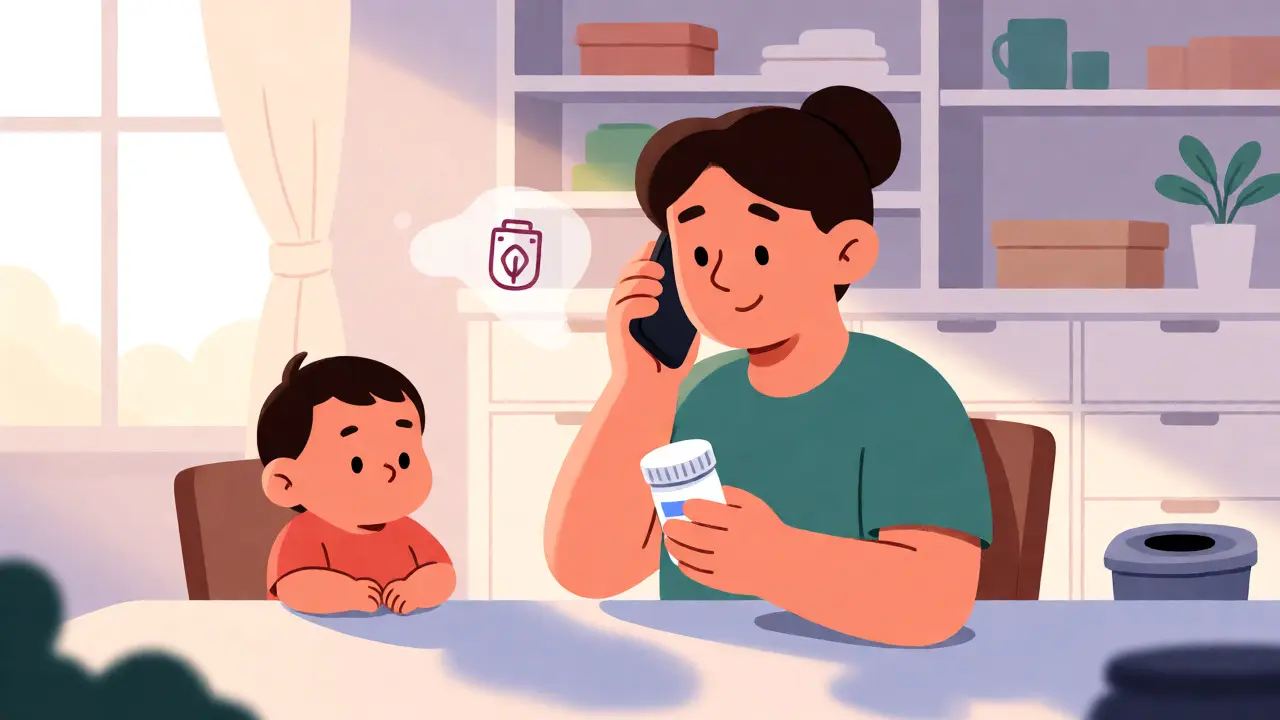 Parent calmly checking medication label while calling for help