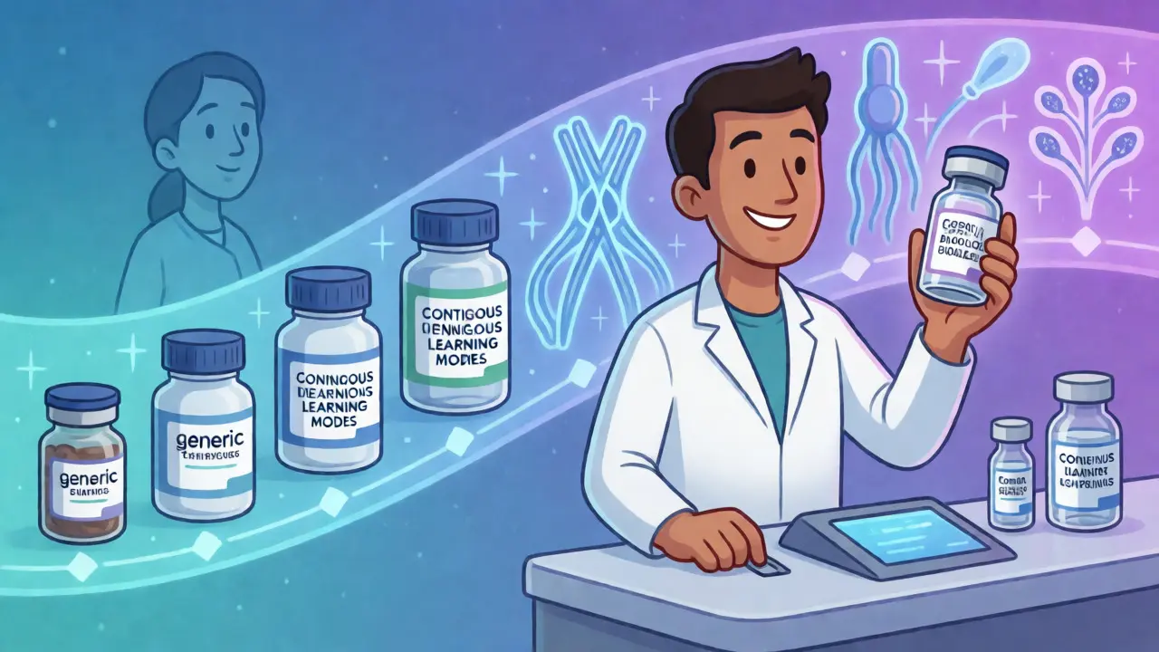 Pharmacist handling complex biosimilars in a futuristic setting