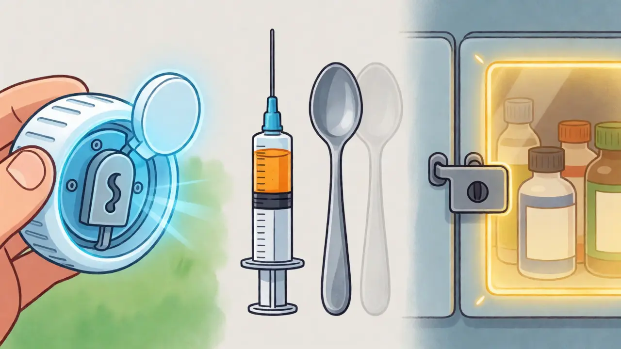 Visual metaphor for child-resistant caps, syringes, and locked storage